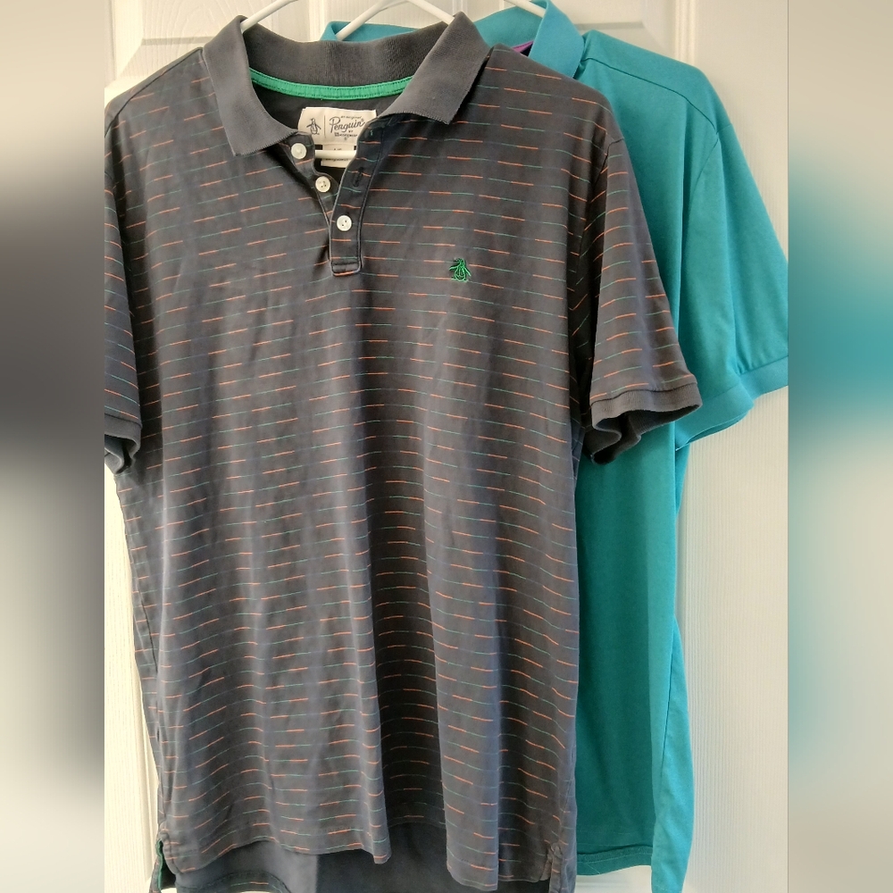 Bundle of 2 Original Penguin Men's Polo Shirts Size L Striped + Teal